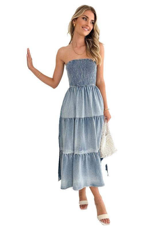 BY CLAUDE STRAPLESS TIERED DENIM MIDI DRESS