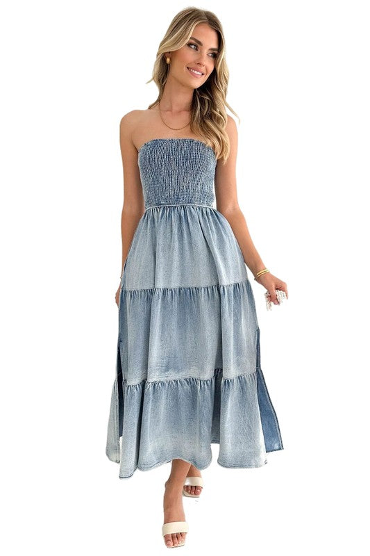 BY CLAUDE STRAPLESS TIERED DENIM MIDI DRESS