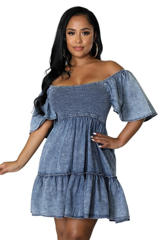 BY CLAUDE SMOCKED TIERED DENIM DRESS