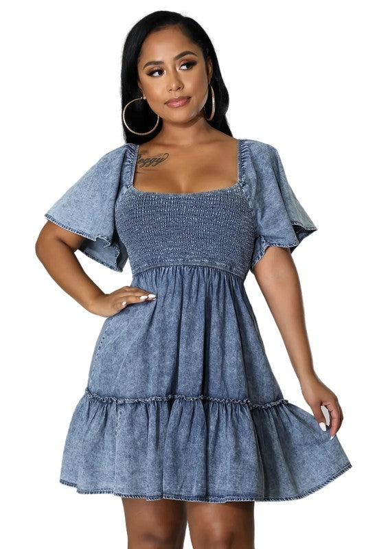 BY CLAUDE SMOCKED TIERED DENIM DRESS