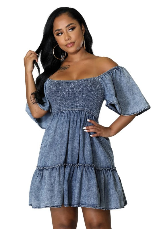 BY CLAUDE SMOCKED TIERED DENIM DRESS