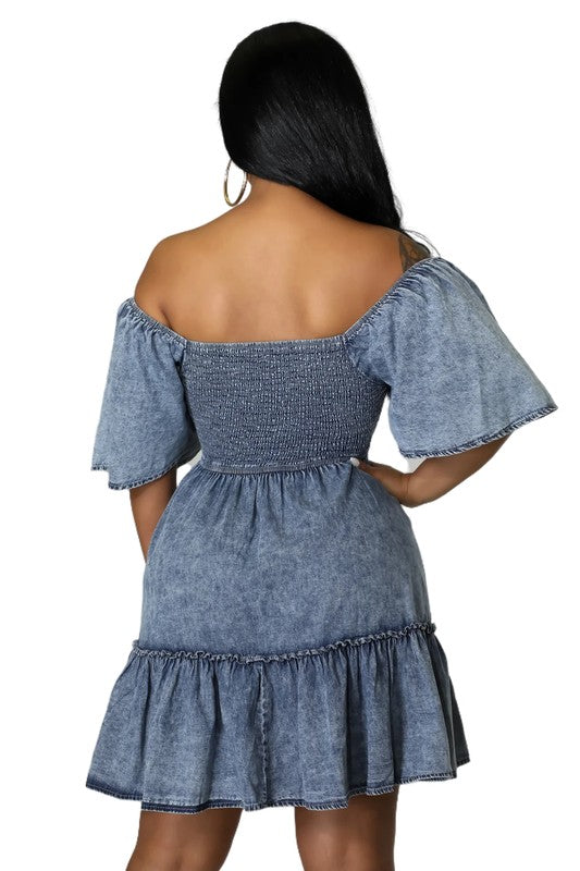 BY CLAUDE SMOCKED TIERED DENIM DRESS