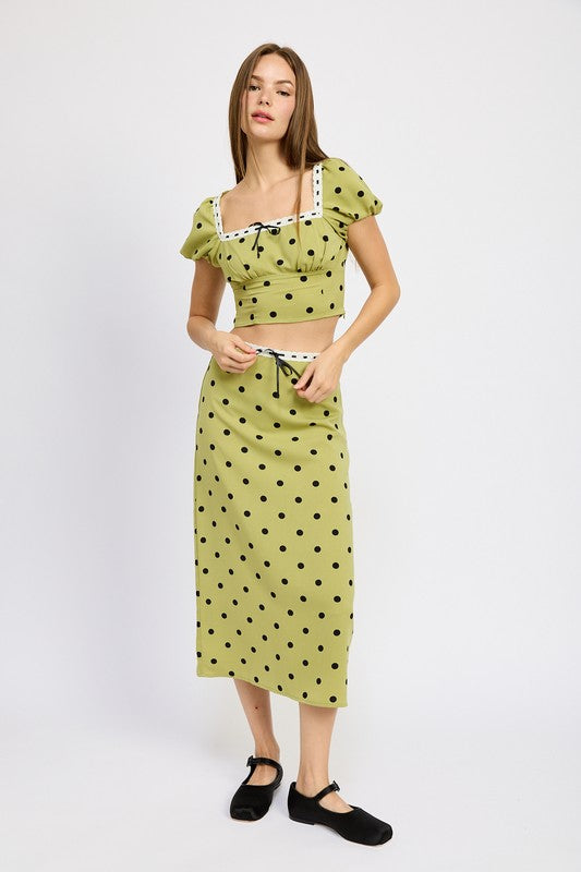 EMORY PARK POLKA DOT MIDI SKIRT WITH LACE TRIM