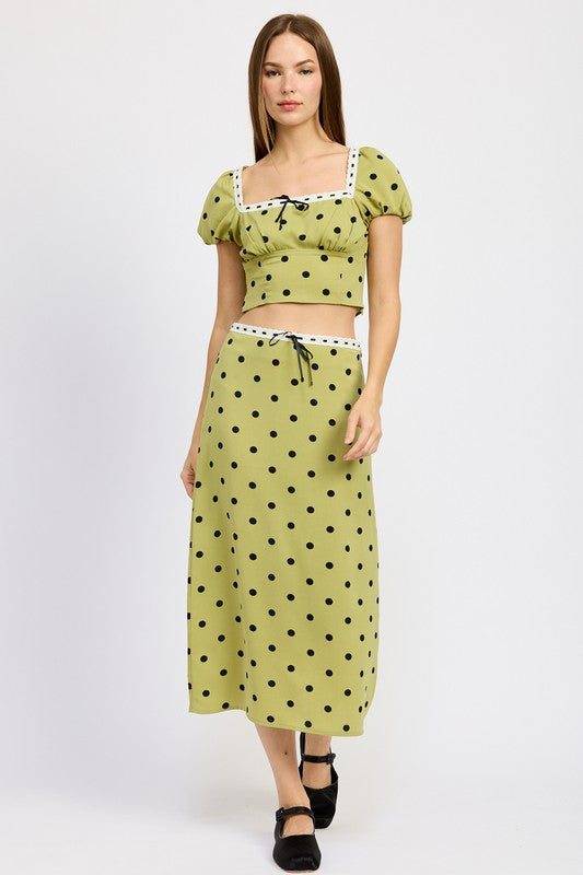 EMORY PARK POLKA DOT MIDI SKIRT WITH LACE TRIM