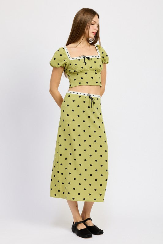 EMORY PARK POLKA DOT MIDI SKIRT WITH LACE TRIM