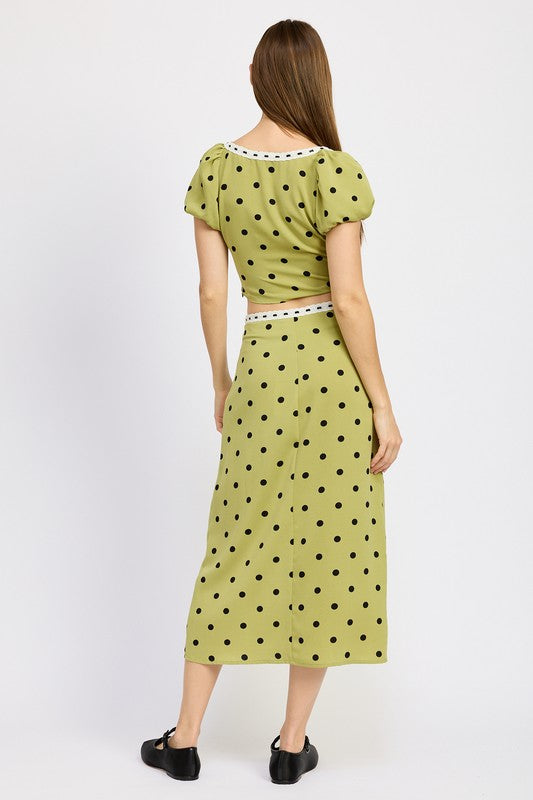 EMORY PARK POLKA DOT MIDI SKIRT WITH LACE TRIM