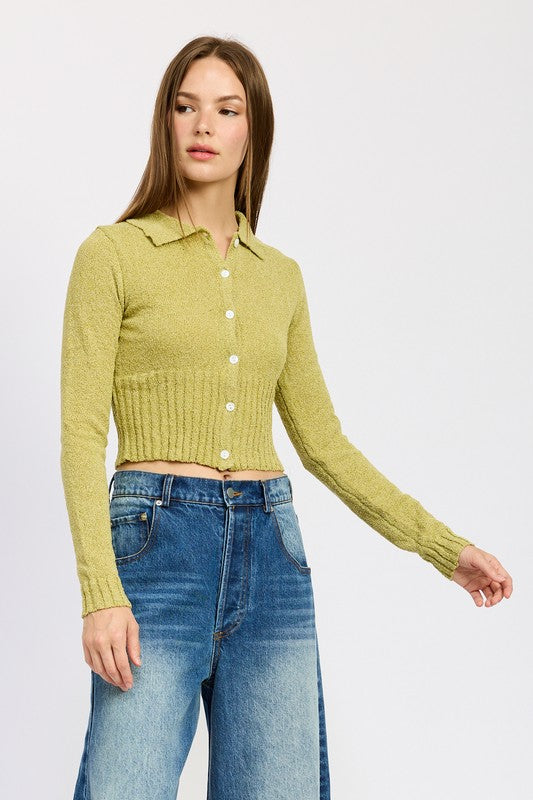 EMORY PARK TEXTURED LONG SLEEVE BUTTON UP CROPMTOP IN 2 COLORS