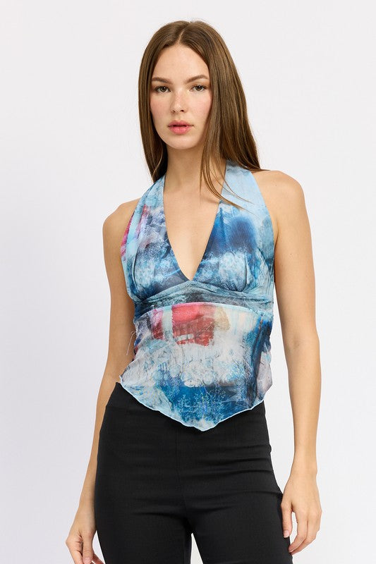 EMORY PARK HANKY HEM HALTER TOP WITH NECK TIE