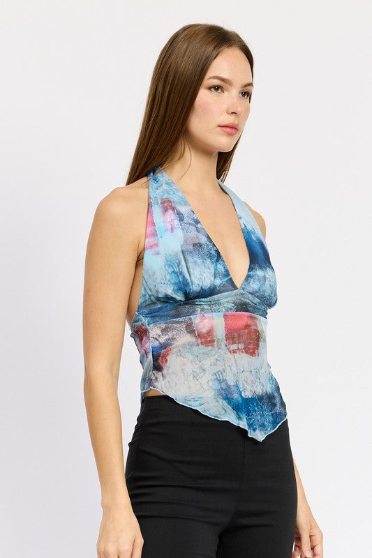 EMORY PARK HANKY HEM HALTER TOP WITH NECK TIE