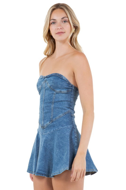 BY CLAUDE STRAPLESS DENIM MINI DRESS