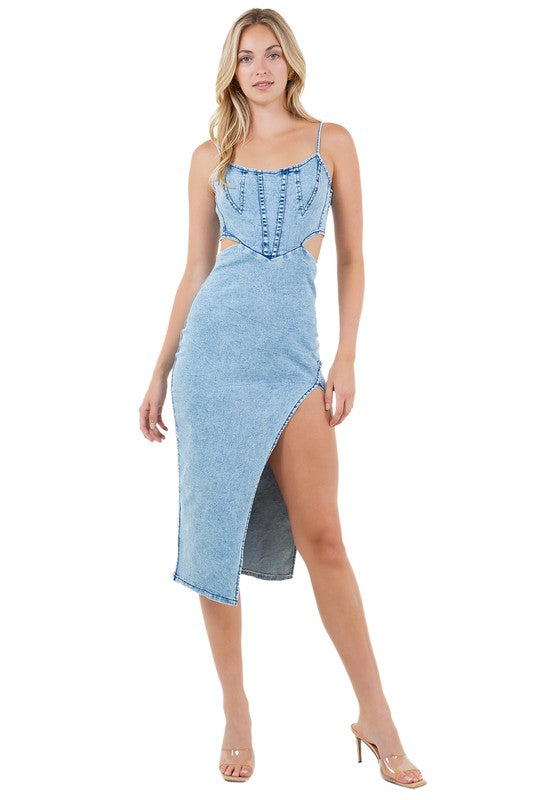 BY CLAUDE THIN STRAP CUTOUT DENIM MAXI DRESS