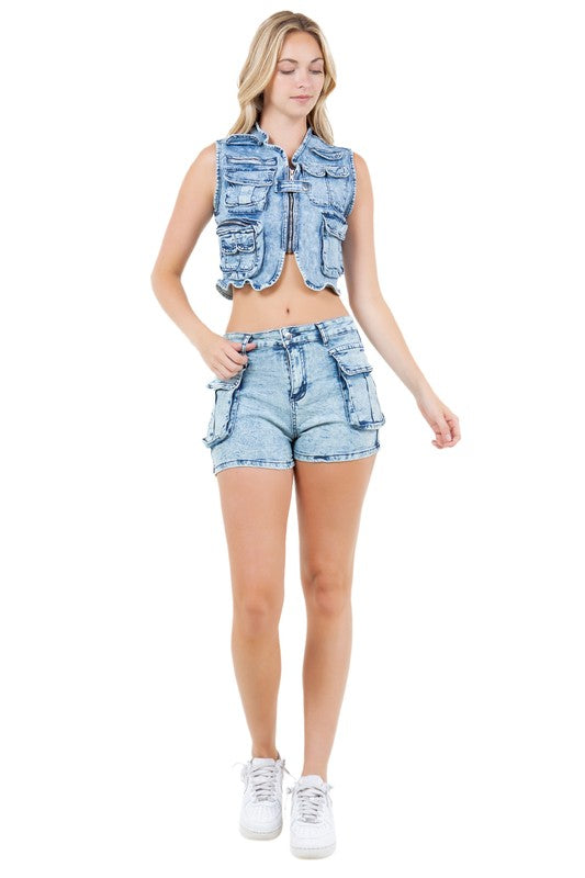 BY CLAUDE DENIM TWO PIECE VEST AND SHORT SET