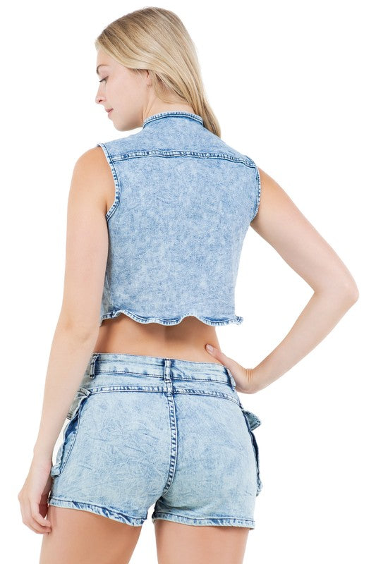 BY CLAUDE DENIM TWO PIECE VEST AND SHORT SET