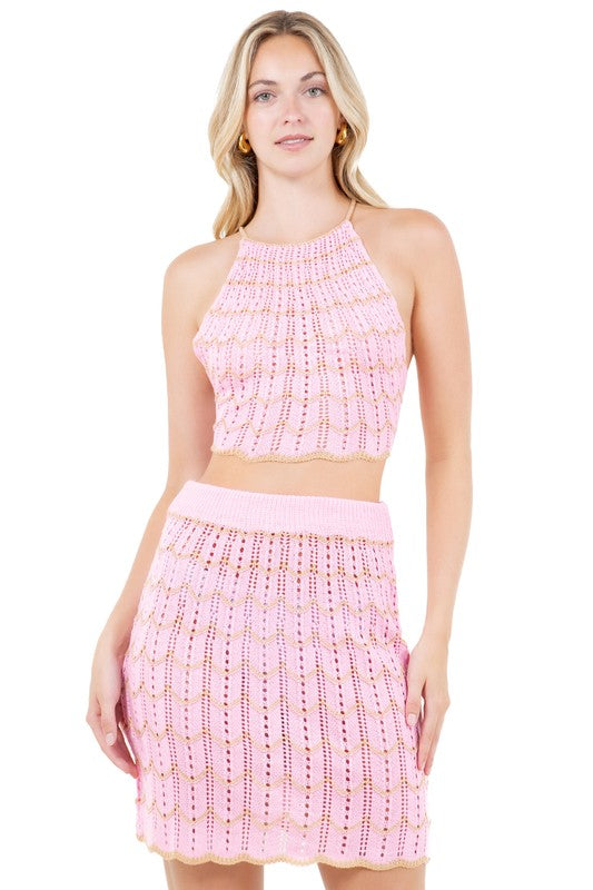 BY CLAUDE CROCHET CROP HALTER TOP AND MINI SKIRT SET