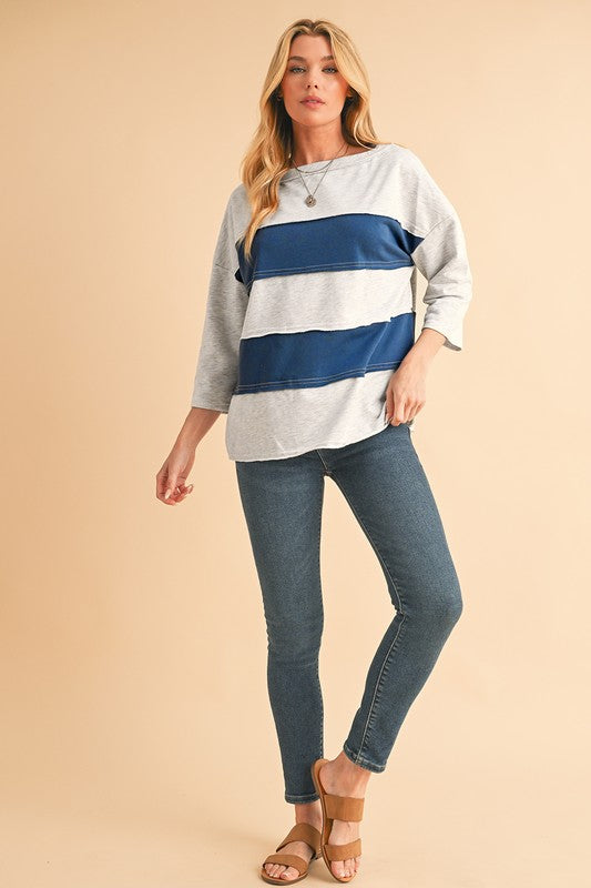 SHEWIN Color Block Stripe Raw Hem 3/4 Sleeve Boatneck Top in Blue Multi NWT