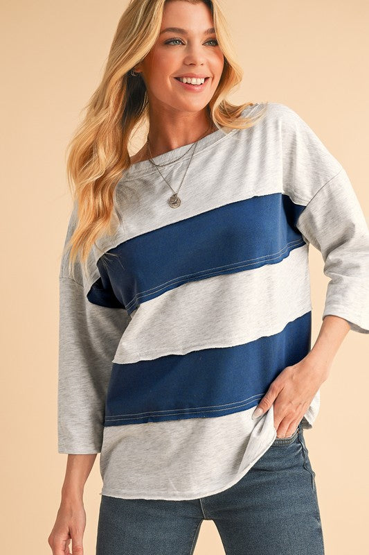 SHEWIN Color Block Stripe Raw Hem 3/4 Sleeve Boatneck Top in Blue Multi NWT