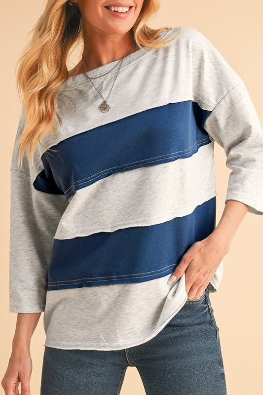 SHEWIN Color Block Stripe Raw Hem 3/4 Sleeve Boatneck Top in Blue Multi NWT