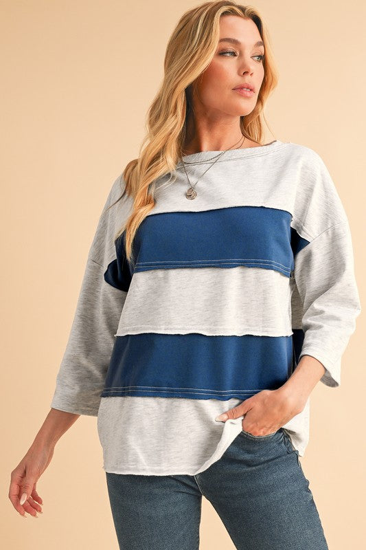 SHEWIN Color Block Stripe Raw Hem 3/4 Sleeve Boatneck Top in Blue Multi NWT