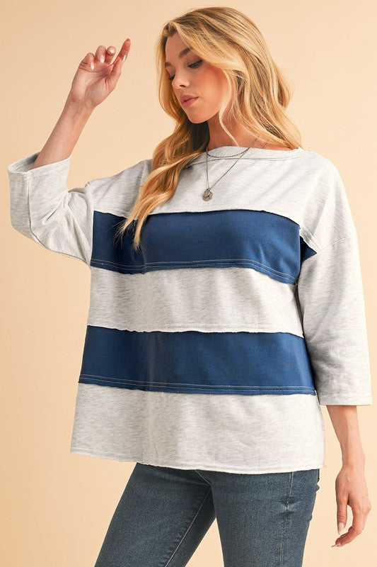 SHEWIN Color Block Stripe Raw Hem 3/4 Sleeve Boatneck Top in Blue Multi NWT