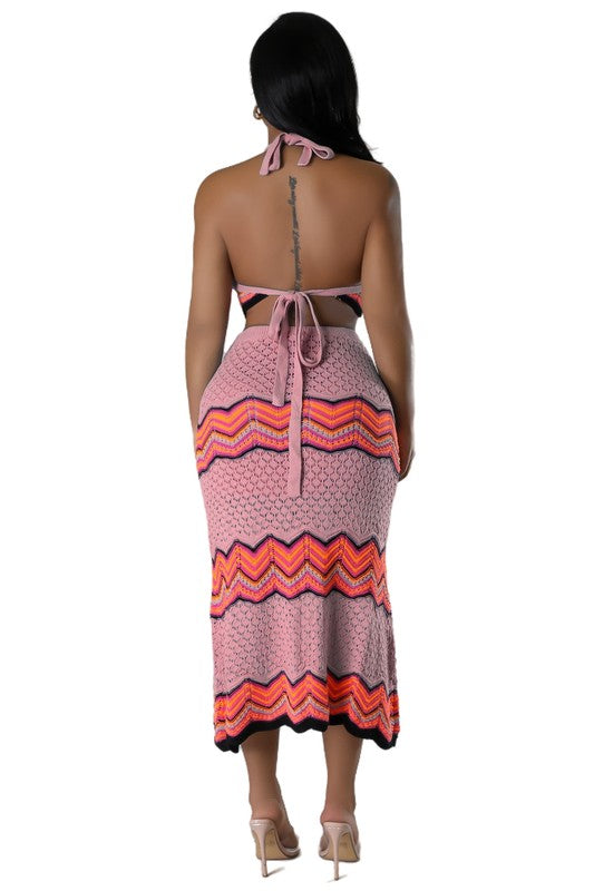 BY CLAUDE CROCHET CROPPED HALTER TOP AND MIDI SKIRT SET