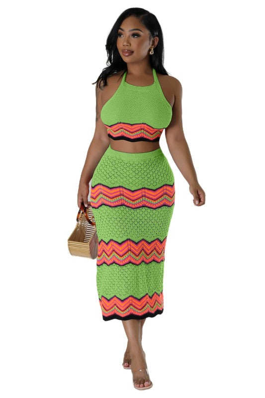 BY CLAUDE CROCHET CROPPED HALTER TOP AND MIDI SKIRT SET