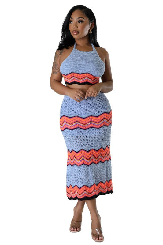 BY CLAUDE CROCHET CROPPED HALTER TOP AND MAXI SKIRT SET IN 2 COLORS