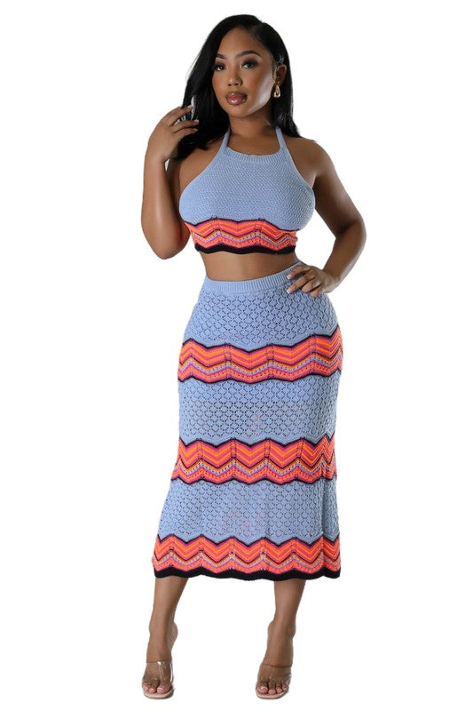 BY CLAUDE CROCHET CROPPED HALTER TOP AND MAXI SKIRT SET IN 2 COLORS