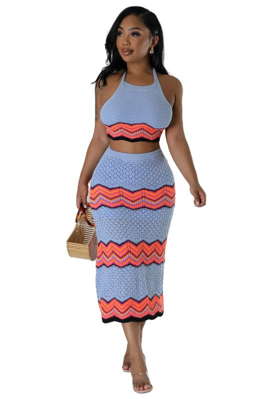 BY CLAUDE CROCHET CROPPED HALTER TOP AND MAXI SKIRT SET IN 2 COLORS