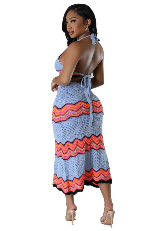 BY CLAUDE CROCHET CROPPED HALTER TOP AND MAXI SKIRT SET IN 2 COLORS