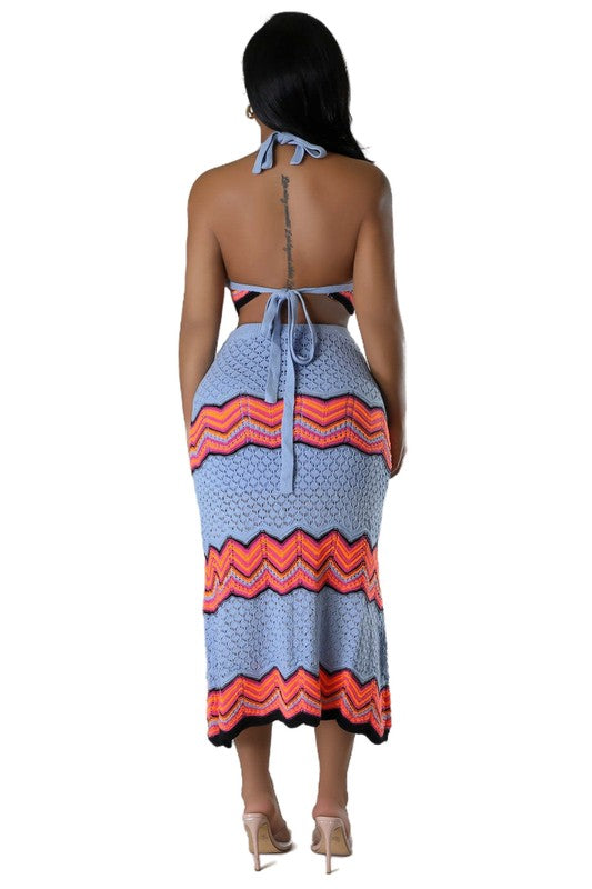 BY CLAUDE CROCHET CROPPED HALTER TOP AND MAXI SKIRT SET IN 2 COLORS