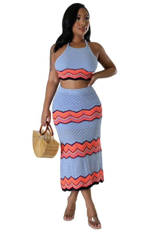 BY CLAUDE CROCHET CROPPED HALTER TOP AND MAXI SKIRT SET IN 2 COLORS