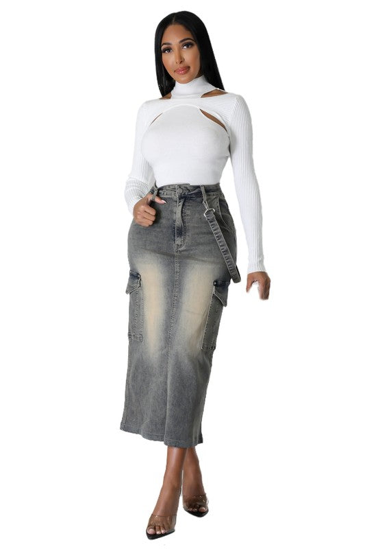 BY CLAUDE DENIM CARGO MAXI SKIRT