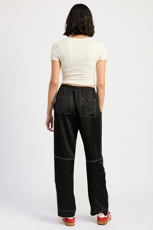 Emory Park Contrast Stitching Pull-On Straight Leg Satin Lounge Pants with Pockets in Black NWT