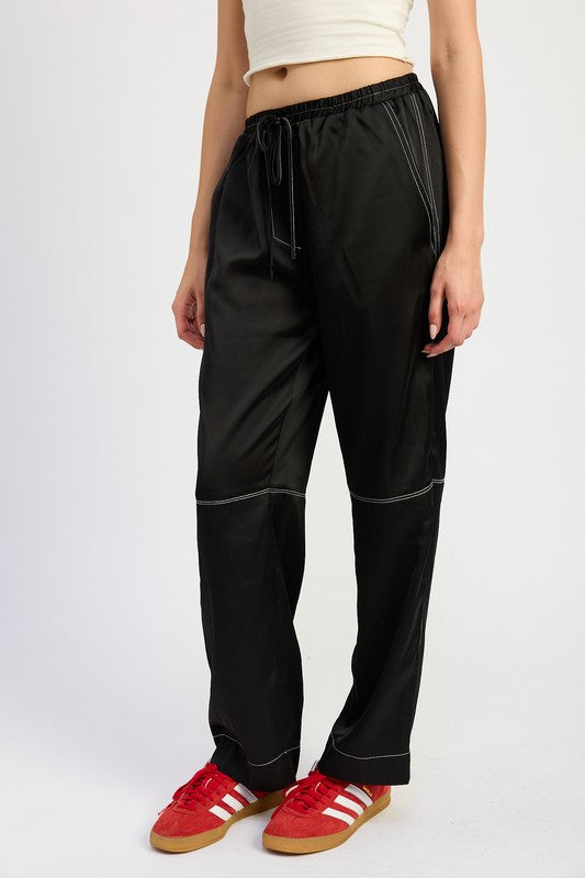 Emory Park Contrast Stitching Pull-On Straight Leg Satin Lounge Pants with Pockets in Black NWT