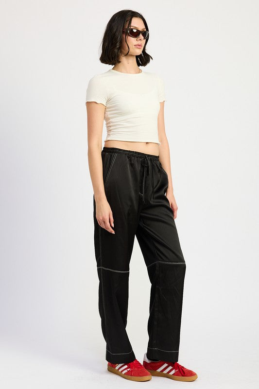 Emory Park Contrast Stitching Pull-On Straight Leg Satin Lounge Pants with Pockets in Black NWT