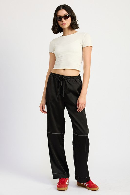 Emory Park Contrast Stitching Pull-On Straight Leg Satin Lounge Pants with Pockets in Black NWT