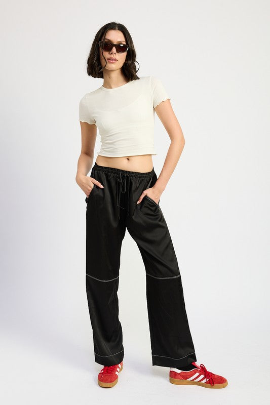 Emory Park Contrast Stitching Pull-On Straight Leg Satin Lounge Pants with Pockets in Black NWT