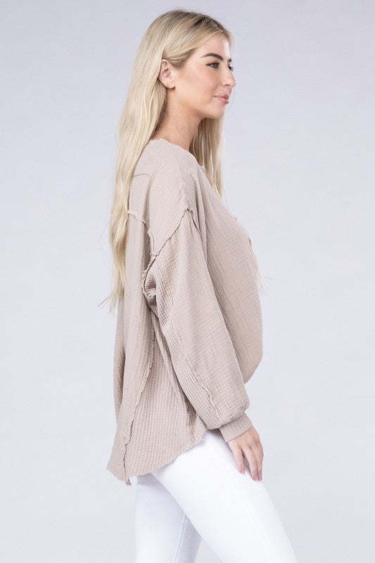 Zenana Double Cotton Gauze Oversized Raw Hem Henley Shirt in 8 Colors