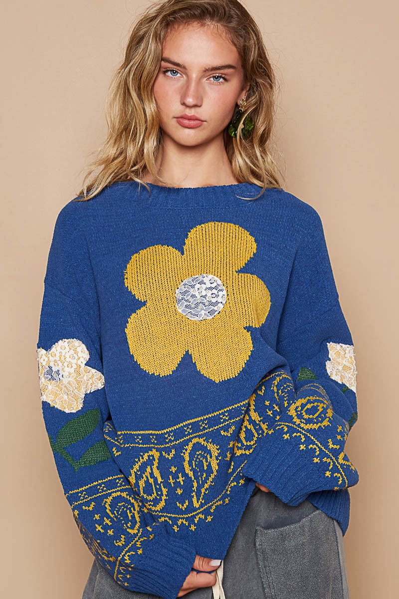 POL Flower Lace Patch Long Sleeve Sweater in Blue Multi