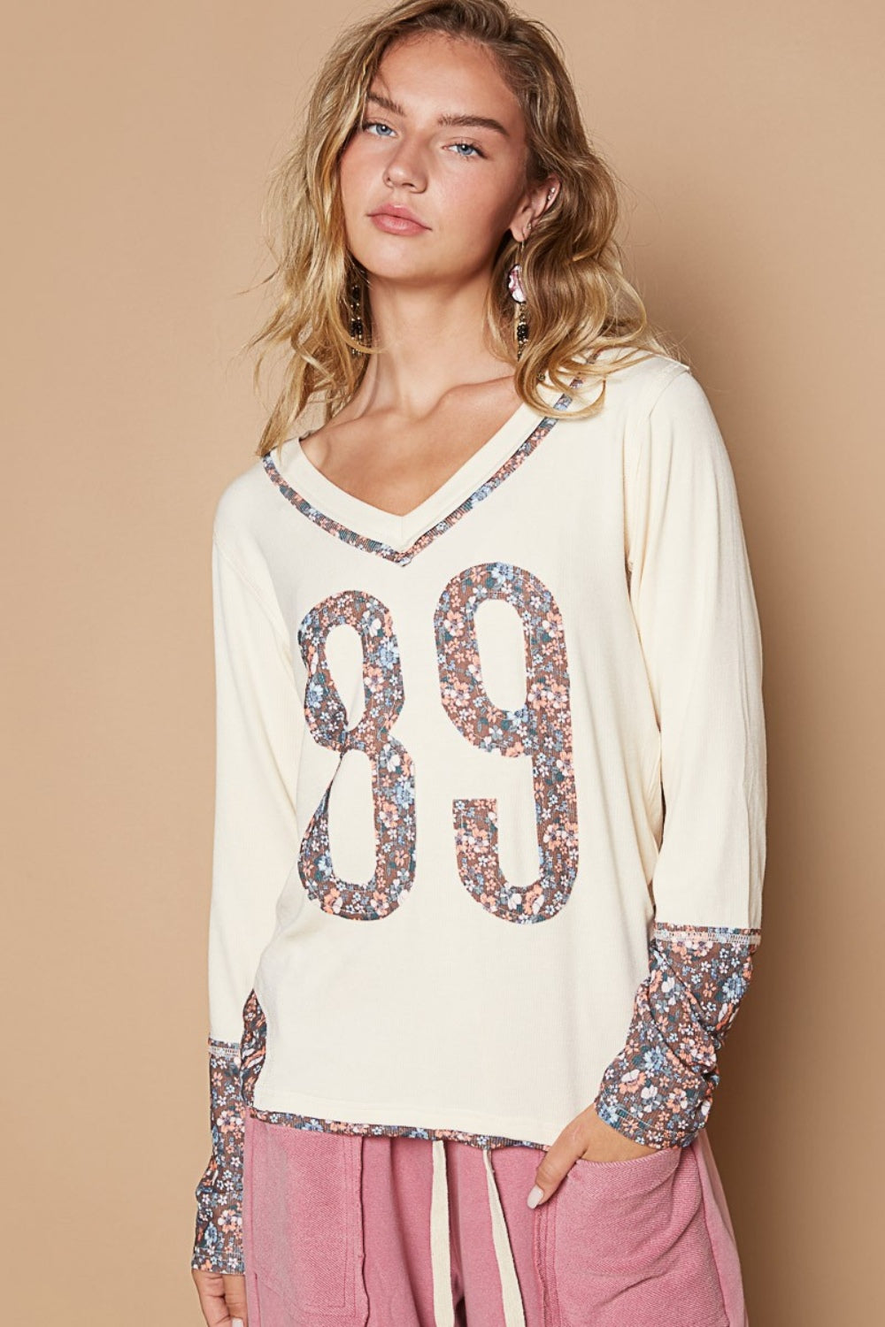 POL Floral Patchwork Number Long Sleeve V-Neck T-Shirt Rayon Stretch in Butter Milk Multi