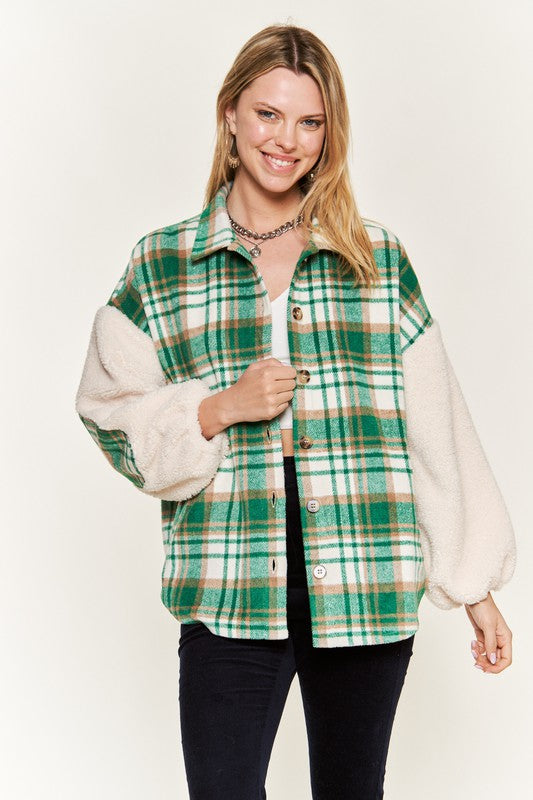 Jade By Jane Multi Plaid Fuzzy Sleeve Jacket