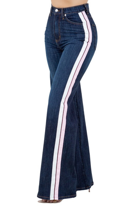 Striped Wide Leg Pant in Dark Denim