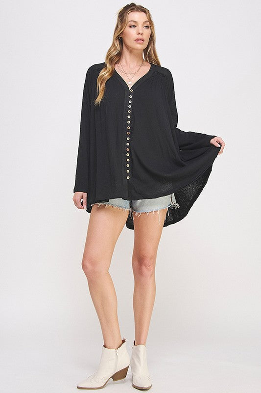 Jade By Jane Long Sleeve V-Neck Oversized Button-Down Tunic Top in 2 Colors