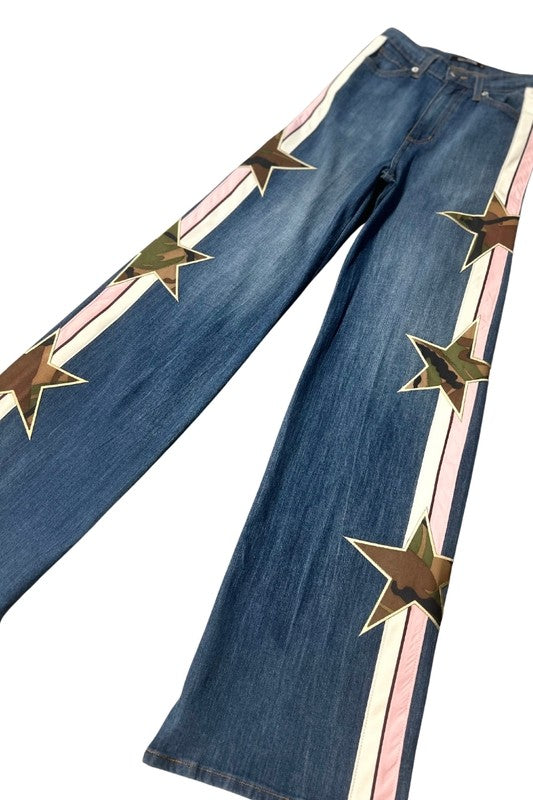 GJG Denim Side Stripes & Camo Stars Wide Leg Jeans in Medium Wash Blue Multi NWT