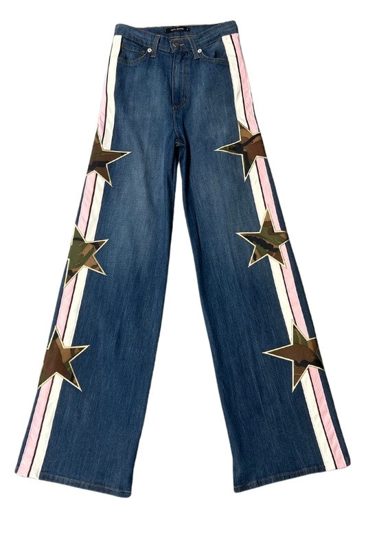 GJG Denim Side Stripes & Camo Stars Wide Leg Jeans in Medium Wash Blue Multi NWT