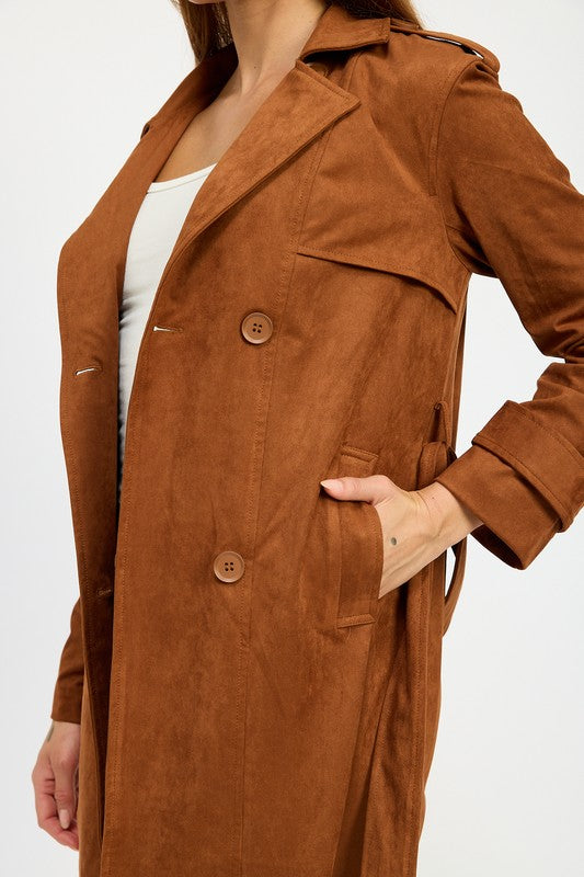 Emory Park Faux Suede Trench Coat in Camel Brown NWT