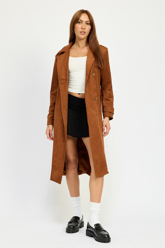 Emory Park Faux Suede Trench Coat in Camel Brown NWT