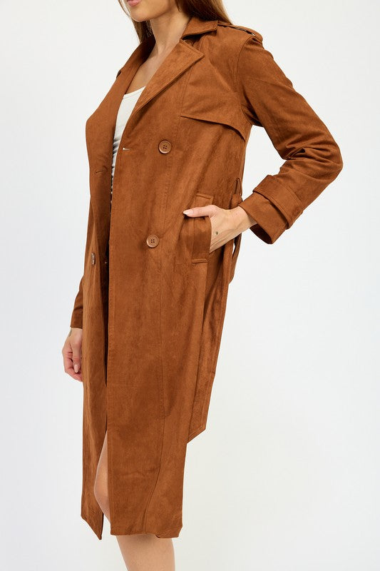 Emory Park Faux Suede Trench Coat in Camel Brown NWT