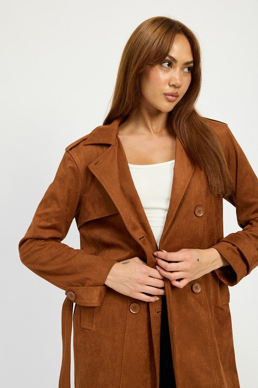 Emory Park Faux Suede Trench Coat in Camel Brown NWT