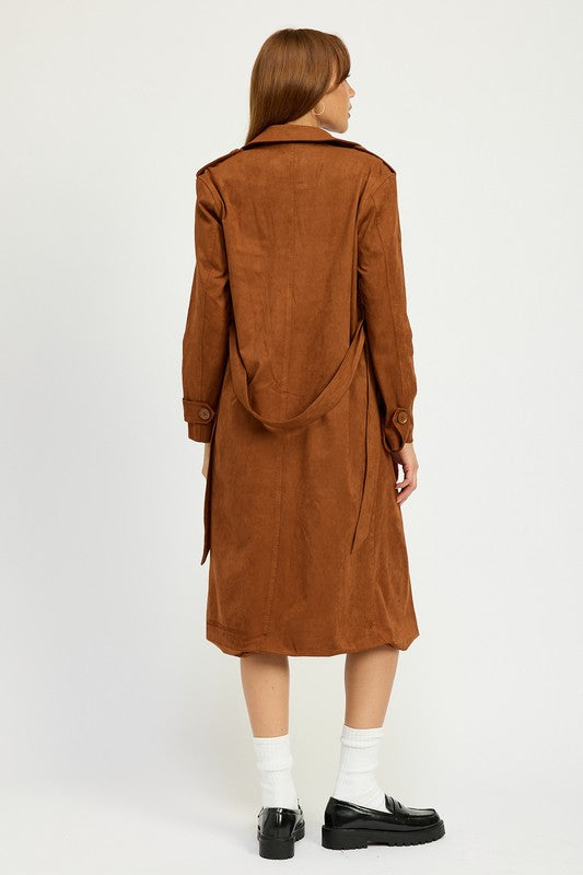 Emory Park Faux Suede Trench Coat in Camel Brown NWT